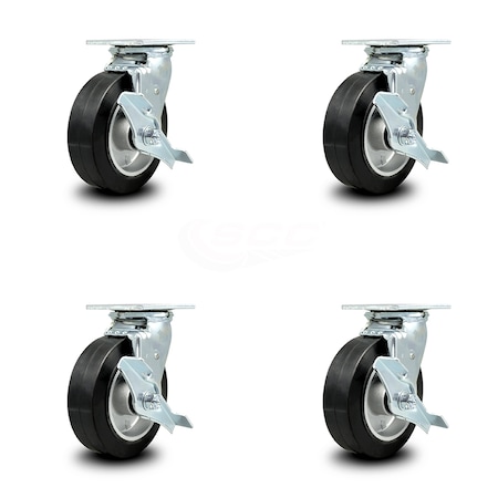 Service Caster 6 Inch Rubber on Aluminum Swivel Caster Set with Roller Bearings and Brakes SCC SCC-30CS620-RAR-TLB-4